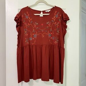 Amaryllis Floral Burnt Orange Flutter Sleeve Peasant Blouseb
